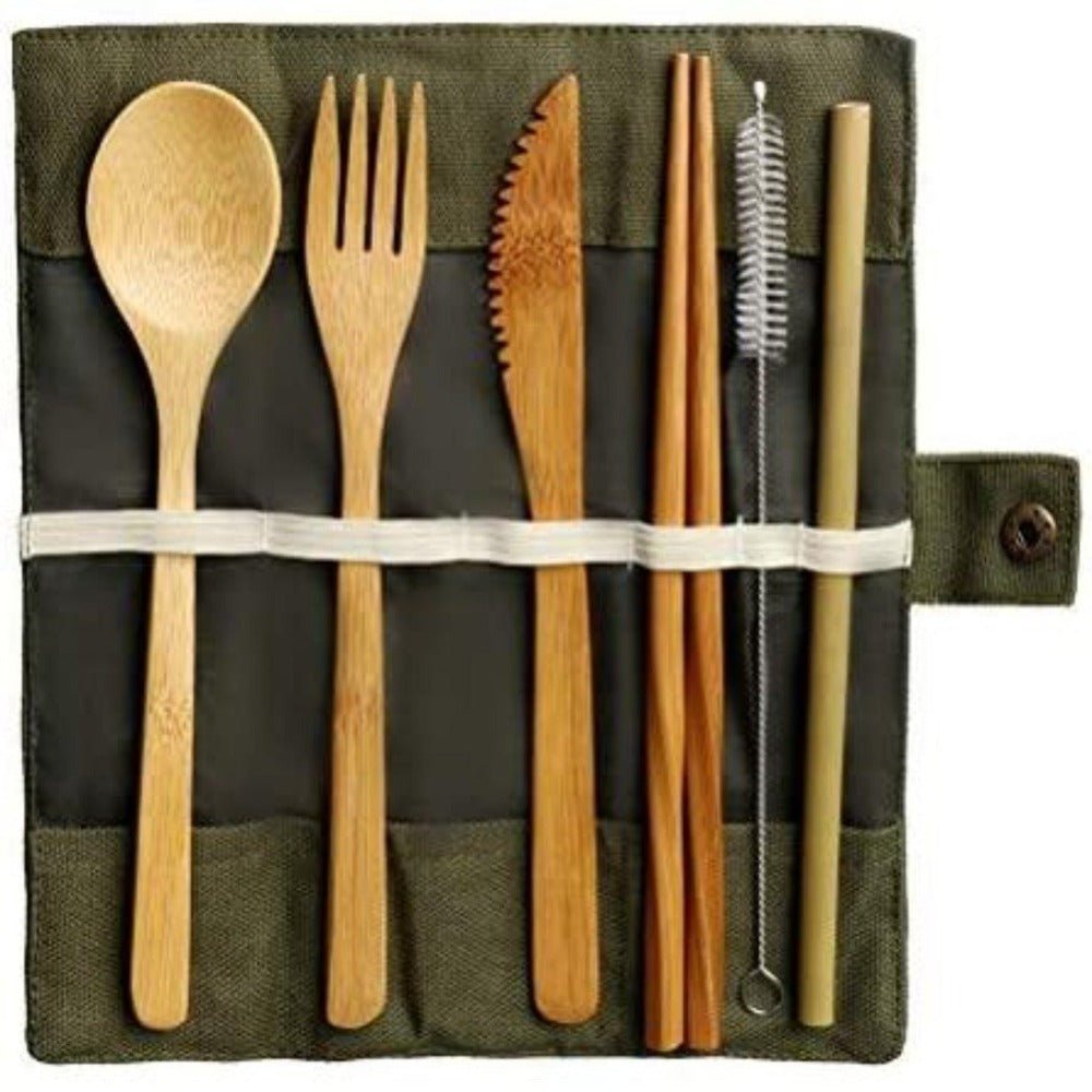 Bamboo Cutlery Set in a green canvas pouch